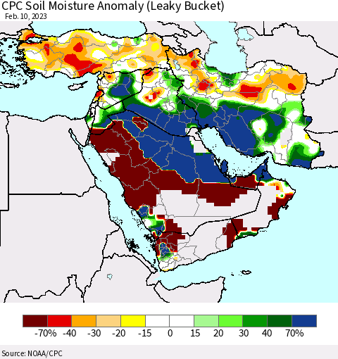 Middle East and Turkey CPC Soil Moisture Anomaly (Leaky Bucket) Thematic Map For 2/6/2023 - 2/10/2023