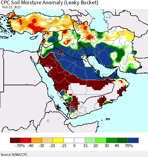 Middle East and Turkey CPC Soil Moisture Anomaly (Leaky Bucket) Thematic Map For 2/11/2023 - 2/15/2023