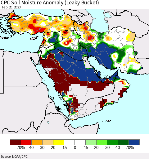 Middle East and Turkey CPC Soil Moisture Anomaly (Leaky Bucket) Thematic Map For 2/16/2023 - 2/20/2023