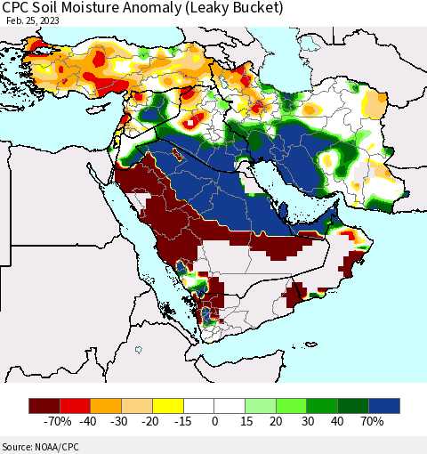 Middle East and Turkey CPC Soil Moisture Anomaly (Leaky Bucket) Thematic Map For 2/21/2023 - 2/25/2023