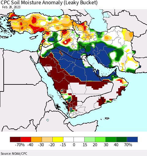 Middle East and Turkey CPC Soil Moisture Anomaly (Leaky Bucket) Thematic Map For 2/26/2023 - 2/28/2023