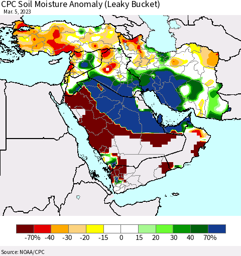 Middle East and Turkey CPC Soil Moisture Anomaly (Leaky Bucket) Thematic Map For 3/1/2023 - 3/5/2023