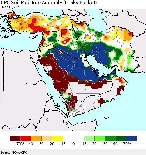 Middle East and Turkey CPC Soil Moisture Anomaly (Leaky Bucket) Thematic Map For 3/6/2023 - 3/10/2023