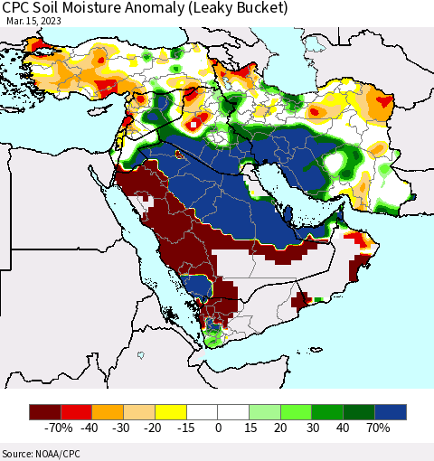 Middle East and Turkey CPC Soil Moisture Anomaly (Leaky Bucket) Thematic Map For 3/11/2023 - 3/15/2023