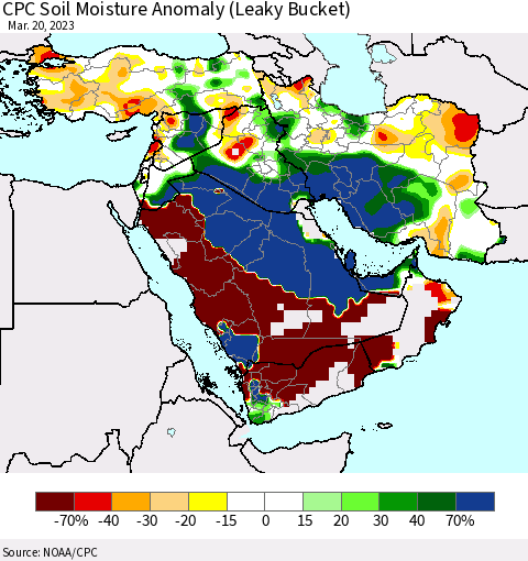 Middle East and Turkey CPC Soil Moisture Anomaly (Leaky Bucket) Thematic Map For 3/16/2023 - 3/20/2023