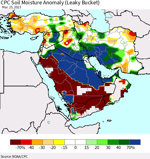 Middle East and Turkey CPC Soil Moisture Anomaly (Leaky Bucket) Thematic Map For 3/21/2023 - 3/25/2023