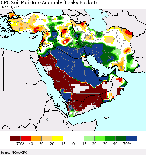 Middle East and Turkey CPC Soil Moisture Anomaly (Leaky Bucket) Thematic Map For 3/26/2023 - 3/31/2023