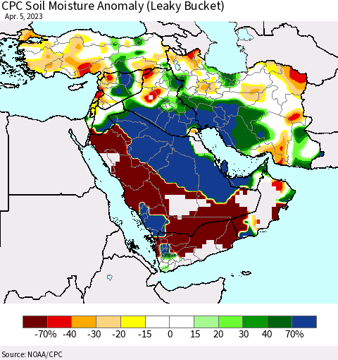 Middle East and Turkey CPC Soil Moisture Anomaly (Leaky Bucket) Thematic Map For 4/1/2023 - 4/5/2023
