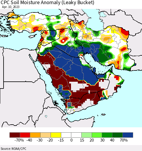 Middle East and Turkey CPC Soil Moisture Anomaly (Leaky Bucket) Thematic Map For 4/6/2023 - 4/10/2023