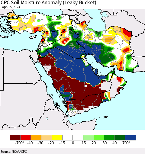 Middle East and Turkey CPC Soil Moisture Anomaly (Leaky Bucket) Thematic Map For 4/11/2023 - 4/15/2023