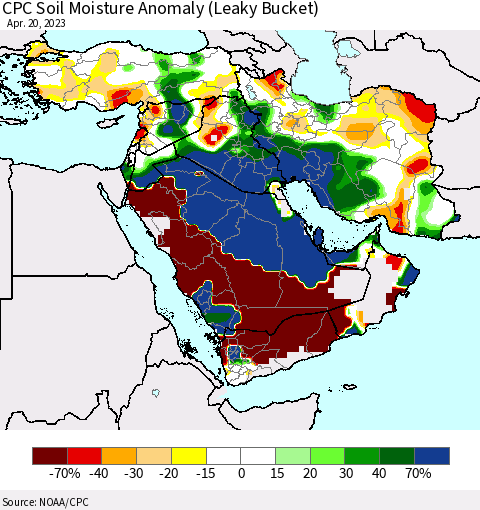 Middle East and Turkey CPC Soil Moisture Anomaly (Leaky Bucket) Thematic Map For 4/16/2023 - 4/20/2023