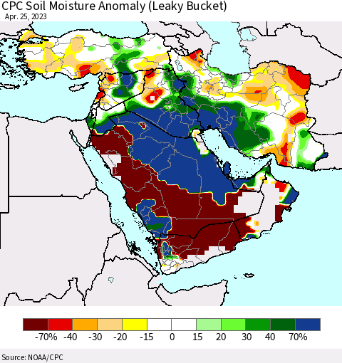 Middle East and Turkey CPC Soil Moisture Anomaly (Leaky Bucket) Thematic Map For 4/21/2023 - 4/25/2023