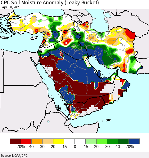 Middle East and Turkey CPC Soil Moisture Anomaly (Leaky Bucket) Thematic Map For 4/26/2023 - 4/30/2023
