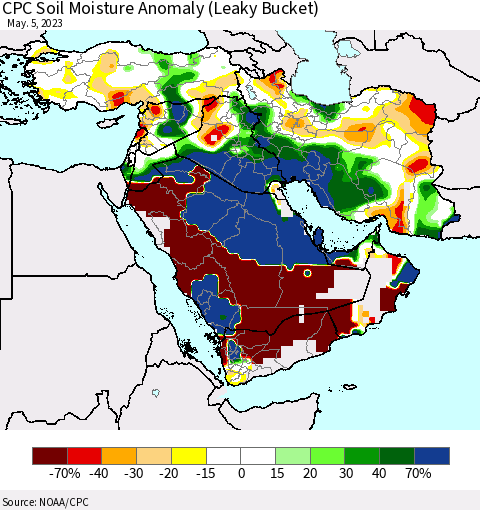 Middle East and Turkey CPC Soil Moisture Anomaly (Leaky Bucket) Thematic Map For 5/1/2023 - 5/5/2023