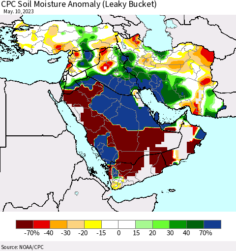 Middle East and Turkey CPC Soil Moisture Anomaly (Leaky Bucket) Thematic Map For 5/6/2023 - 5/10/2023