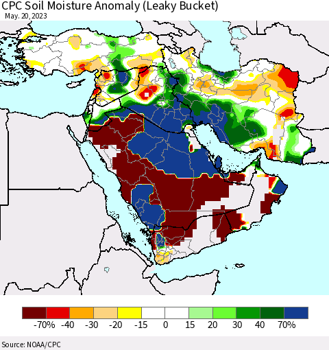 Middle East and Turkey CPC Soil Moisture Anomaly (Leaky Bucket) Thematic Map For 5/16/2023 - 5/20/2023