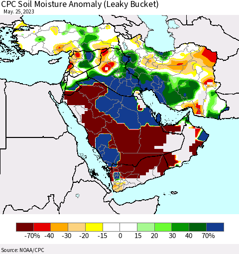 Middle East and Turkey CPC Soil Moisture Anomaly (Leaky Bucket) Thematic Map For 5/21/2023 - 5/25/2023