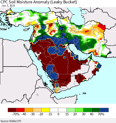 Middle East and Turkey CPC Soil Moisture Anomaly (Leaky Bucket) Thematic Map For 6/1/2023 - 6/5/2023