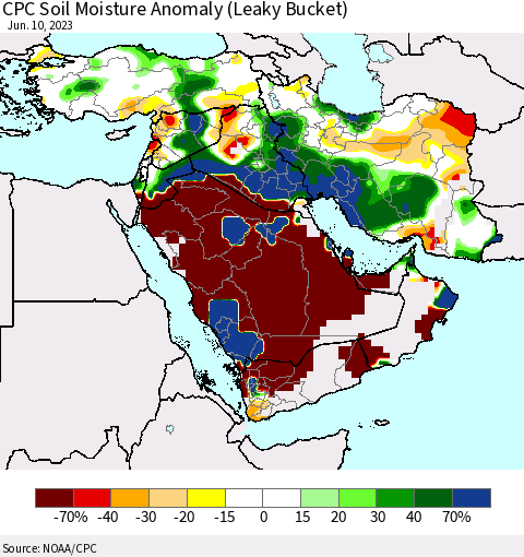 Middle East and Turkey CPC Soil Moisture Anomaly (Leaky Bucket) Thematic Map For 6/6/2023 - 6/10/2023