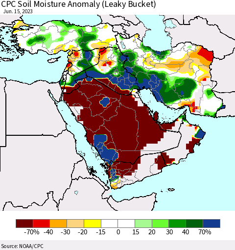 Middle East and Turkey CPC Soil Moisture Anomaly (Leaky Bucket) Thematic Map For 6/11/2023 - 6/15/2023