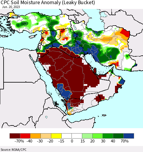Middle East and Turkey CPC Soil Moisture Anomaly (Leaky Bucket) Thematic Map For 6/16/2023 - 6/20/2023