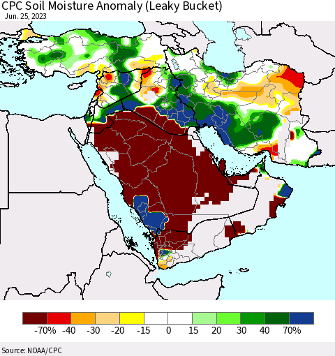 Middle East and Turkey CPC Soil Moisture Anomaly (Leaky Bucket) Thematic Map For 6/21/2023 - 6/25/2023