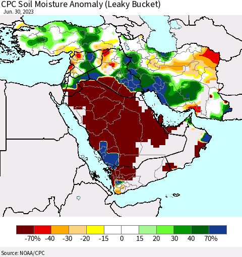 Middle East and Turkey CPC Soil Moisture Anomaly (Leaky Bucket) Thematic Map For 6/26/2023 - 6/30/2023