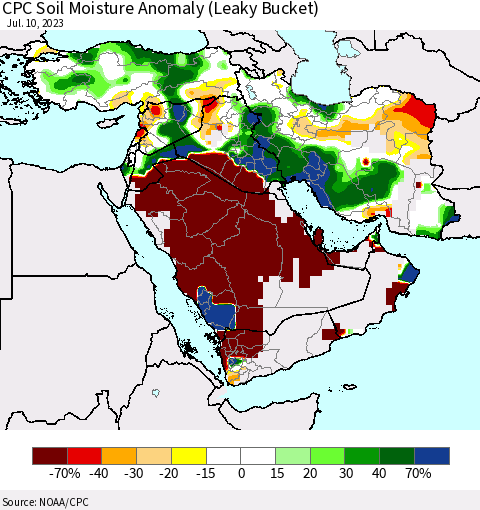 Middle East and Turkey CPC Soil Moisture Anomaly (Leaky Bucket) Thematic Map For 7/6/2023 - 7/10/2023