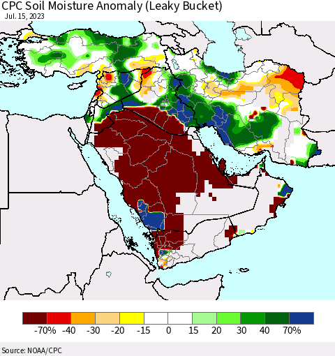 Middle East and Turkey CPC Soil Moisture Anomaly (Leaky Bucket) Thematic Map For 7/11/2023 - 7/15/2023