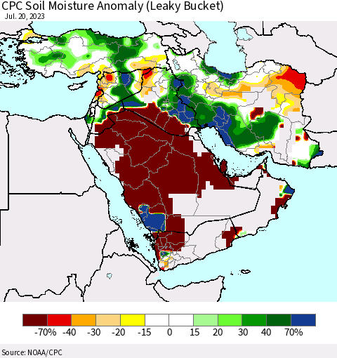 Middle East and Turkey CPC Soil Moisture Anomaly (Leaky Bucket) Thematic Map For 7/16/2023 - 7/20/2023