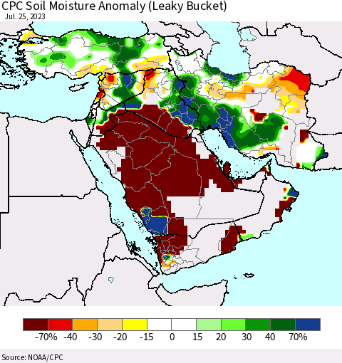 Middle East and Turkey CPC Soil Moisture Anomaly (Leaky Bucket) Thematic Map For 7/21/2023 - 7/25/2023