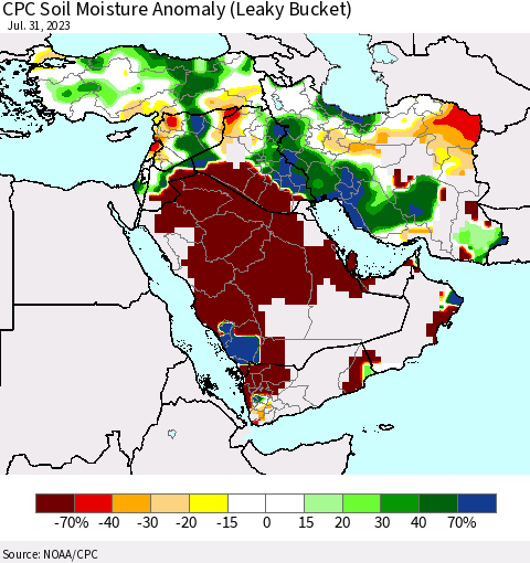Middle East and Turkey CPC Soil Moisture Anomaly (Leaky Bucket) Thematic Map For 7/26/2023 - 7/31/2023