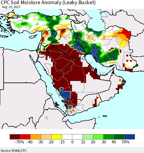 Middle East and Turkey CPC Soil Moisture Anomaly (Leaky Bucket) Thematic Map For 8/6/2023 - 8/10/2023