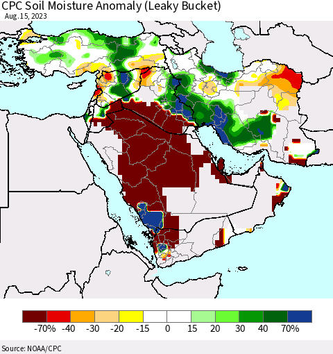 Middle East and Turkey CPC Soil Moisture Anomaly (Leaky Bucket) Thematic Map For 8/11/2023 - 8/15/2023