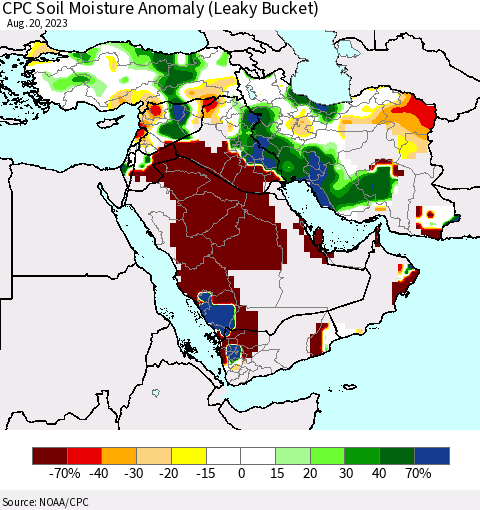 Middle East and Turkey CPC Soil Moisture Anomaly (Leaky Bucket) Thematic Map For 8/16/2023 - 8/20/2023