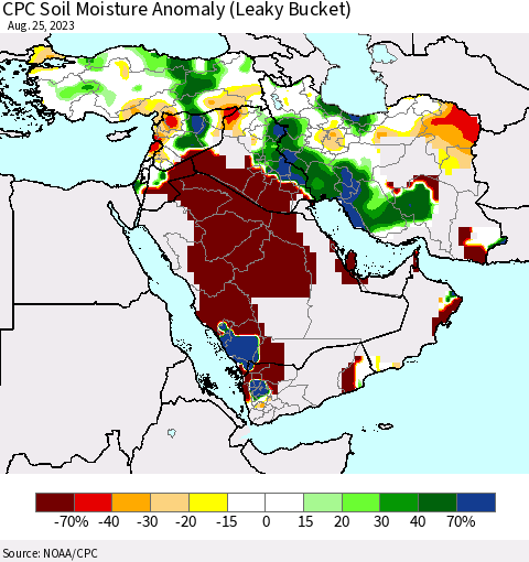 Middle East and Turkey CPC Soil Moisture Anomaly (Leaky Bucket) Thematic Map For 8/21/2023 - 8/25/2023