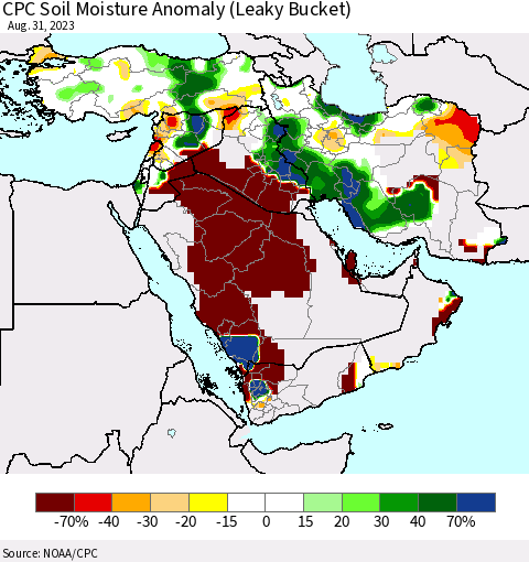 Middle East and Turkey CPC Soil Moisture Anomaly (Leaky Bucket) Thematic Map For 8/26/2023 - 8/31/2023