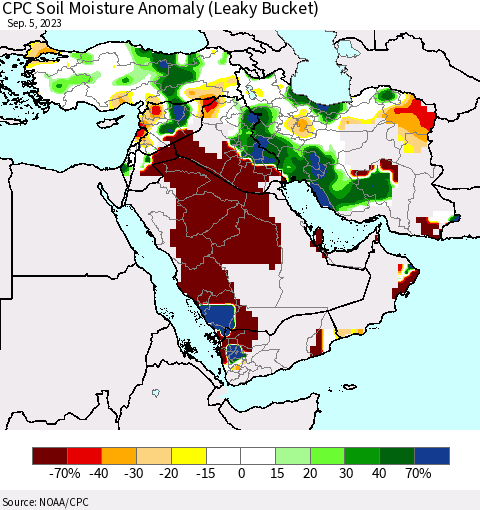 Middle East and Turkey CPC Soil Moisture Anomaly (Leaky Bucket) Thematic Map For 9/1/2023 - 9/5/2023
