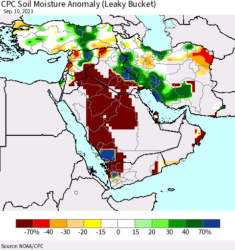 Middle East and Turkey CPC Soil Moisture Anomaly (Leaky Bucket) Thematic Map For 9/6/2023 - 9/10/2023