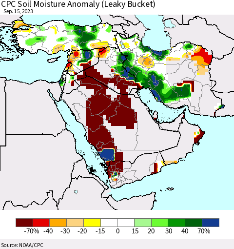 Middle East and Turkey CPC Soil Moisture Anomaly (Leaky Bucket) Thematic Map For 9/11/2023 - 9/15/2023