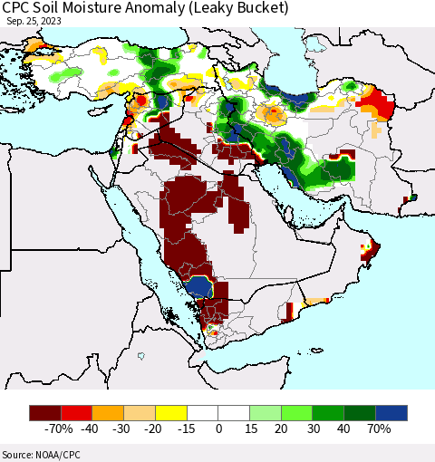 Middle East and Turkey CPC Soil Moisture Anomaly (Leaky Bucket) Thematic Map For 9/21/2023 - 9/25/2023
