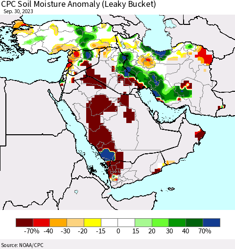 Middle East and Turkey CPC Soil Moisture Anomaly (Leaky Bucket) Thematic Map For 9/26/2023 - 9/30/2023