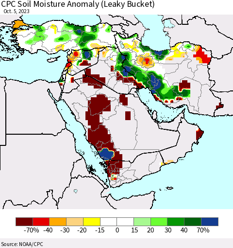 Middle East and Turkey CPC Soil Moisture Anomaly (Leaky Bucket) Thematic Map For 10/1/2023 - 10/5/2023