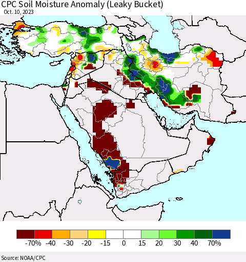 Middle East and Turkey CPC Soil Moisture Anomaly (Leaky Bucket) Thematic Map For 10/6/2023 - 10/10/2023