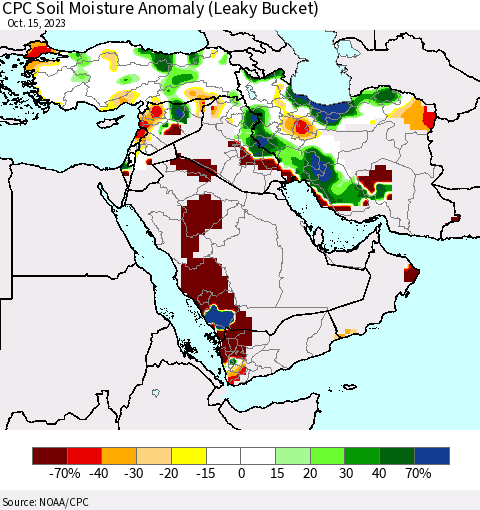 Middle East and Turkey CPC Soil Moisture Anomaly (Leaky Bucket) Thematic Map For 10/11/2023 - 10/15/2023