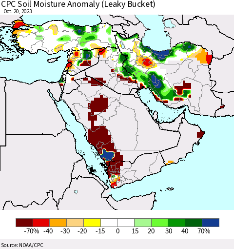 Middle East and Turkey CPC Soil Moisture Anomaly (Leaky Bucket) Thematic Map For 10/16/2023 - 10/20/2023