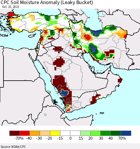 Middle East and Turkey CPC Soil Moisture Anomaly (Leaky Bucket) Thematic Map For 10/21/2023 - 10/25/2023