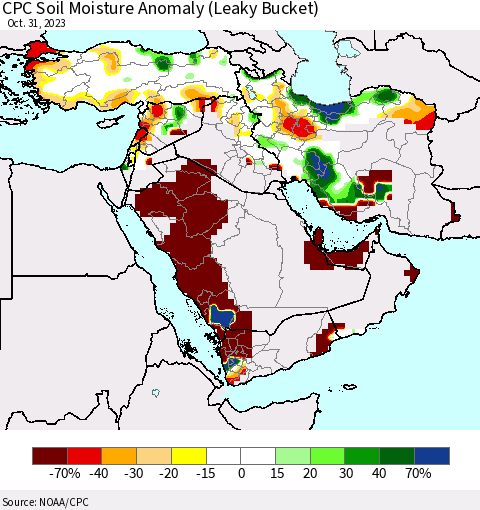 Middle East and Turkey CPC Soil Moisture Anomaly (Leaky Bucket) Thematic Map For 10/26/2023 - 10/31/2023