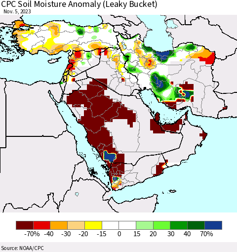 Middle East and Turkey CPC Soil Moisture Anomaly (Leaky Bucket) Thematic Map For 11/1/2023 - 11/5/2023