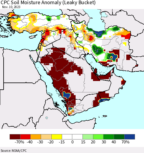 Middle East and Turkey CPC Soil Moisture Anomaly (Leaky Bucket) Thematic Map For 11/6/2023 - 11/10/2023